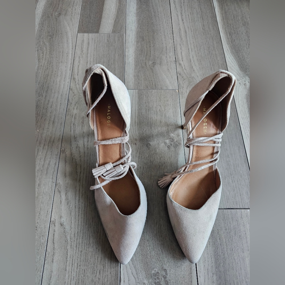 Halogen Genuine Suede Light Pink Kitten Heels Pumps w/ Ankle Ties Wide Toebox 9